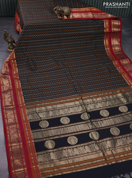 Kanchi cotton saree black and maroon with allover thread checks & 1000 buttas and zari woven border