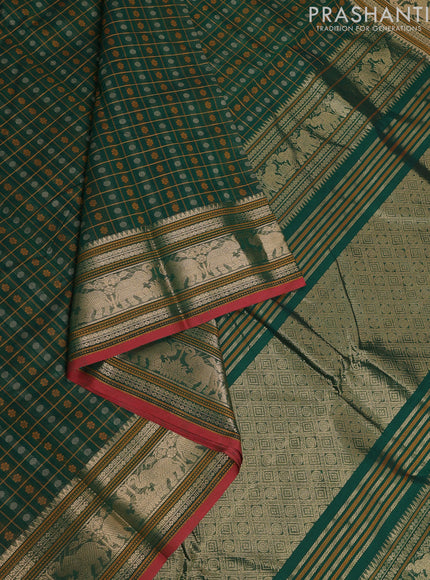 Kanchi cotton saree green and maroon with allover thread checks & 1000 buttas and zari woven border