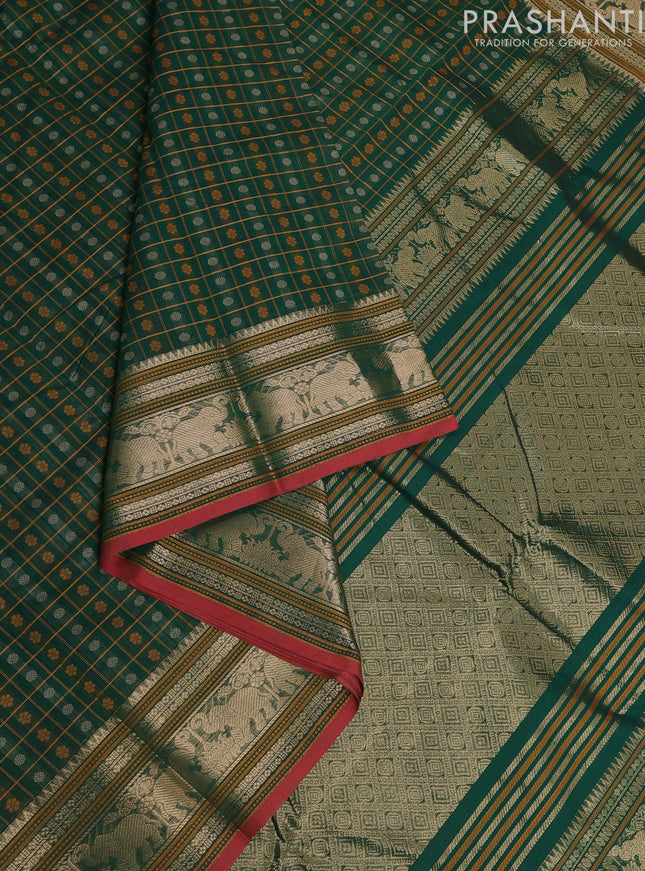 Kanchi cotton saree green and maroon with allover thread checks & 1000 buttas and zari woven border