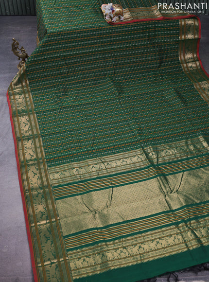 Kanchi cotton saree green and maroon with allover thread checks & 1000 buttas and zari woven border