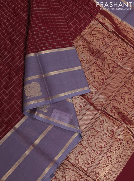 Kanchi cotton saree maroon and grey with allover thread checked pattern and zari woven annam butta border