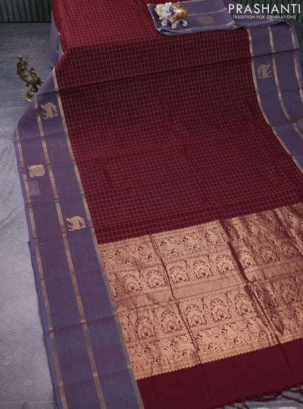 Kanchi cotton saree maroon and grey with allover thread checked pattern and zari woven annam butta border