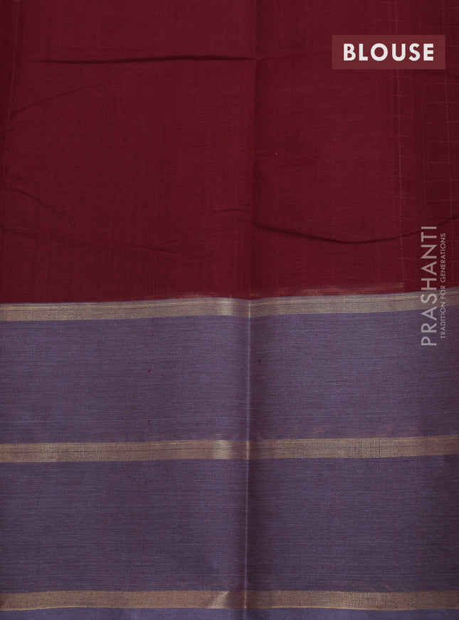 Kanchi cotton saree maroon and grey with allover thread checked pattern and zari woven annam butta border