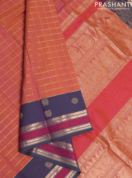 Kanchi cotton saree dual shade of orange and dual shade of green with allover zari checked pattern and thread & zari woven border