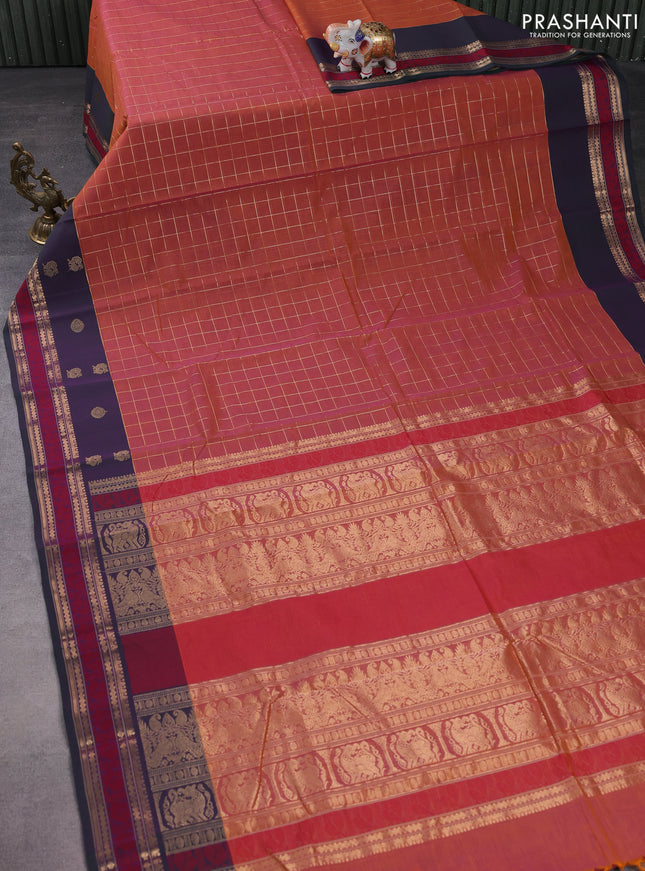 Kanchi cotton saree dual shade of orange and dual shade of green with allover zari checked pattern and thread & zari woven border