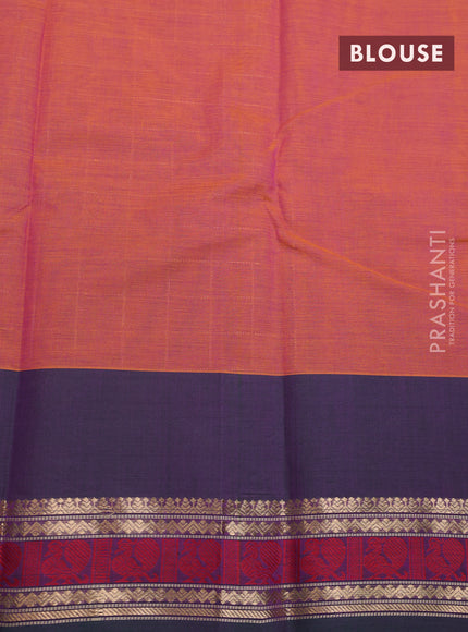 Kanchi cotton saree dual shade of orange and dual shade of green with allover zari checked pattern and thread & zari woven border