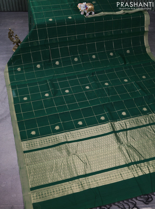 Kanchi cotton saree green with allover zari checks & buttas and zari woven border