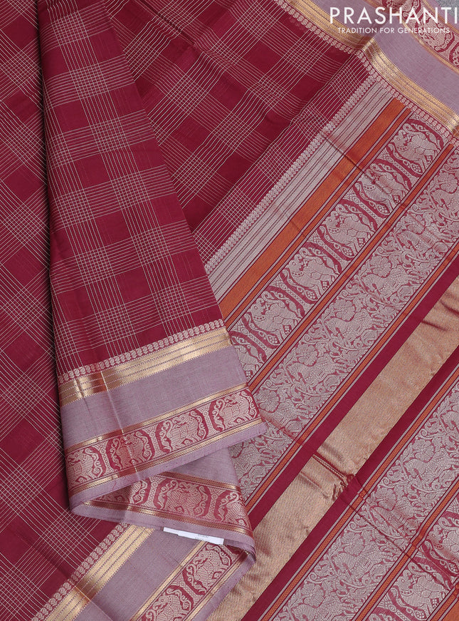 Kanchi cotton saree maroon and grey with allover thread checked pattern and rettapet woven border