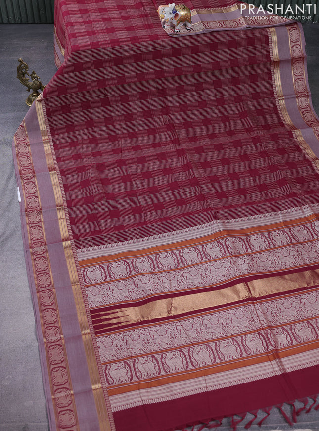 Kanchi cotton saree maroon and grey with allover thread checked pattern and rettapet woven border