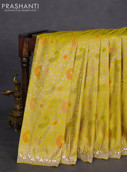 Banarasi silk saree lime yellow with allover zari woven brocade weaves and zaridosi gotapatti work border