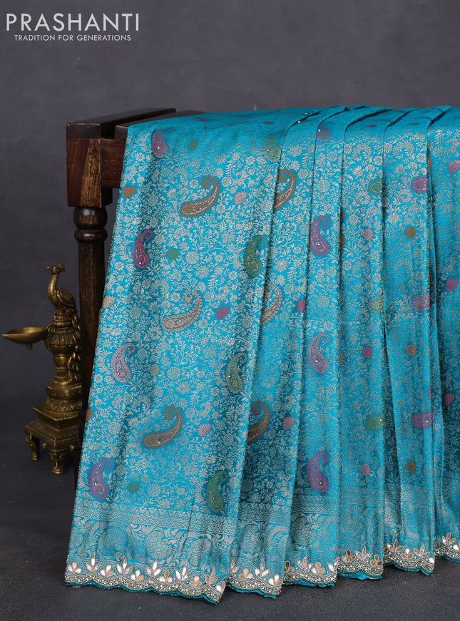 Banarasi silk saree teal blue shade with allover zari woven brocade weaves and zaridosi gotapatti work border