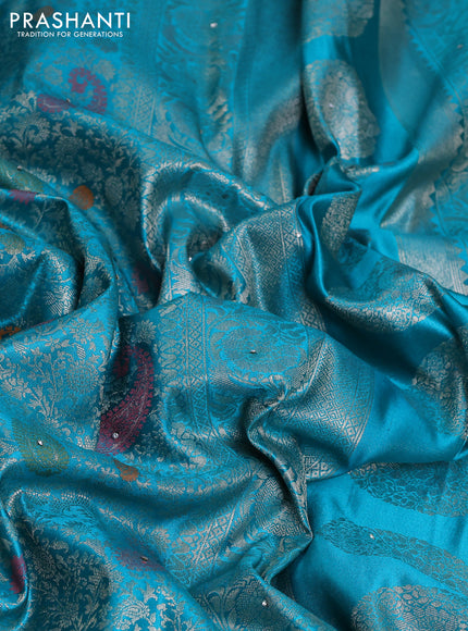Banarasi silk saree teal blue shade with allover zari woven brocade weaves and zaridosi gotapatti work border