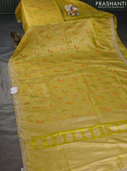 Banarasi silk saree lime yellow with allover zari woven brocade weaves and zaridosi gotapatti work border