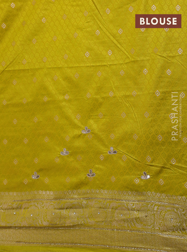 Banarasi silk saree lime yellow with allover zari woven brocade weaves and zaridosi gotapatti work border