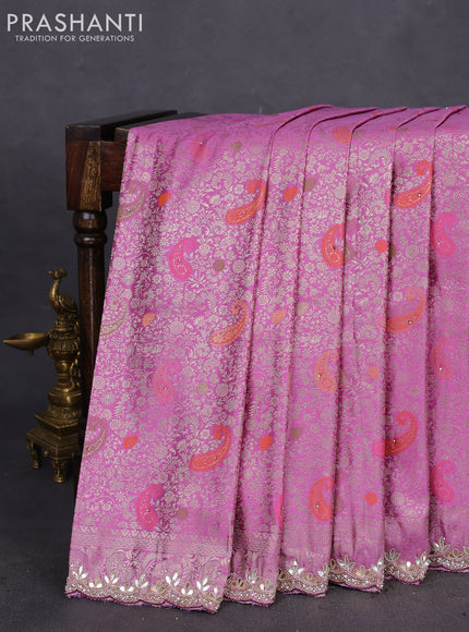 Banarasi silk saree lavender with allover zari woven brocade weaves and zaridosi gotapatti work border