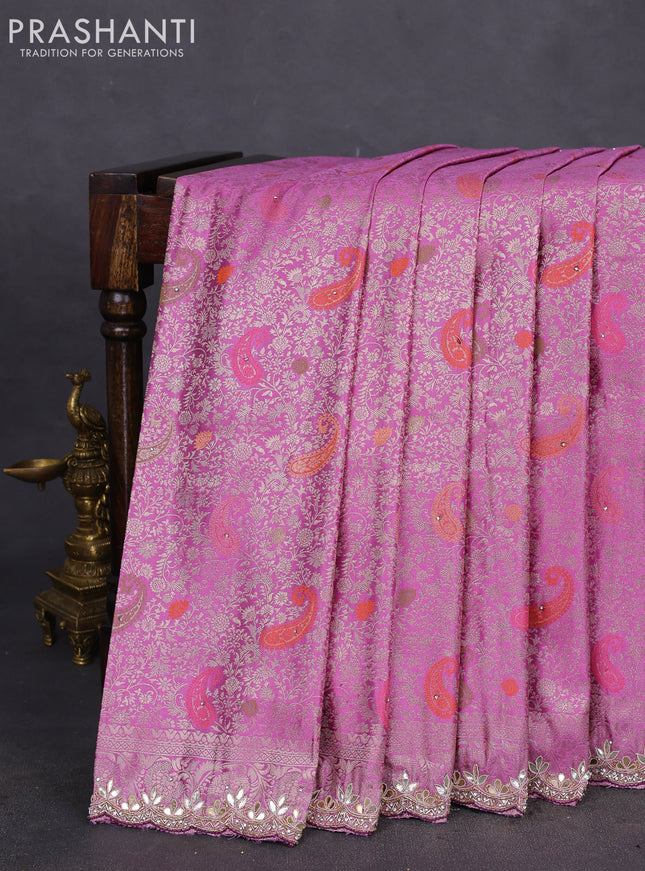 Banarasi silk saree lavender with allover zari woven brocade weaves and zaridosi gotapatti work border