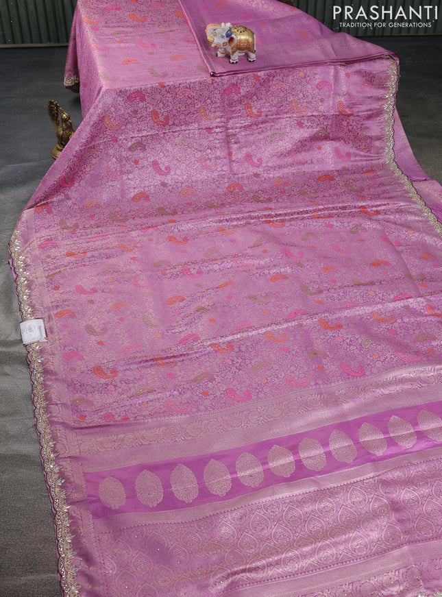 Banarasi silk saree lavender with allover zari woven brocade weaves and zaridosi gotapatti work border