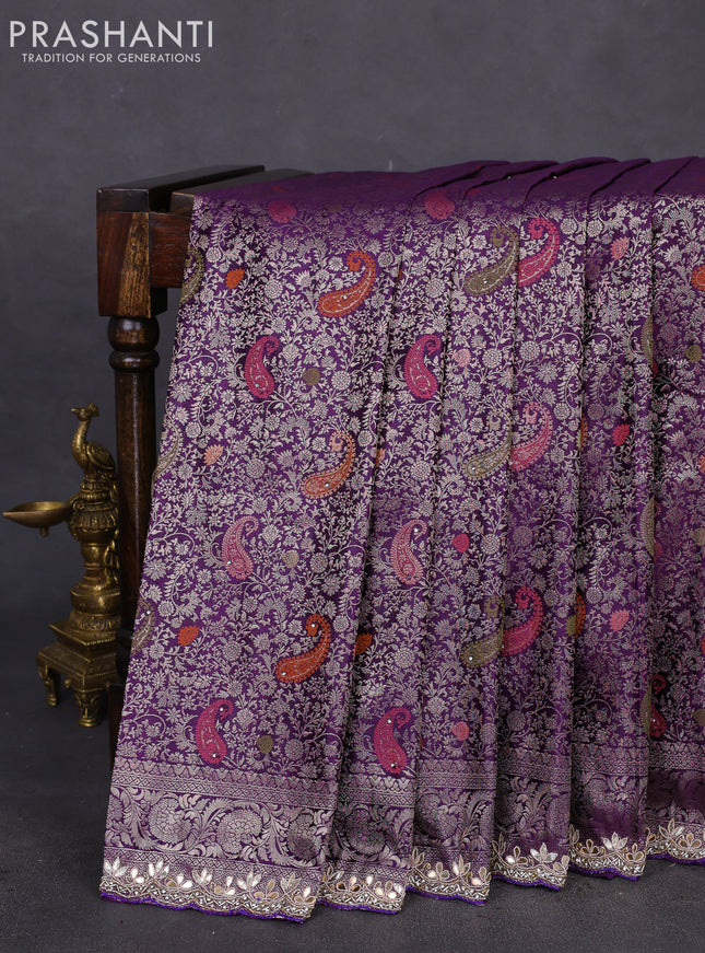 Banarasi silk saree violet with allover zari woven brocade weaves and zaridosi gotapatti work border