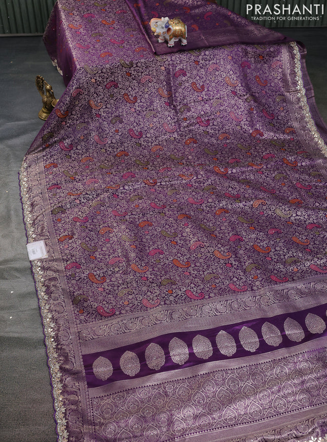 Banarasi silk saree violet with allover zari woven brocade weaves and zaridosi gotapatti work border