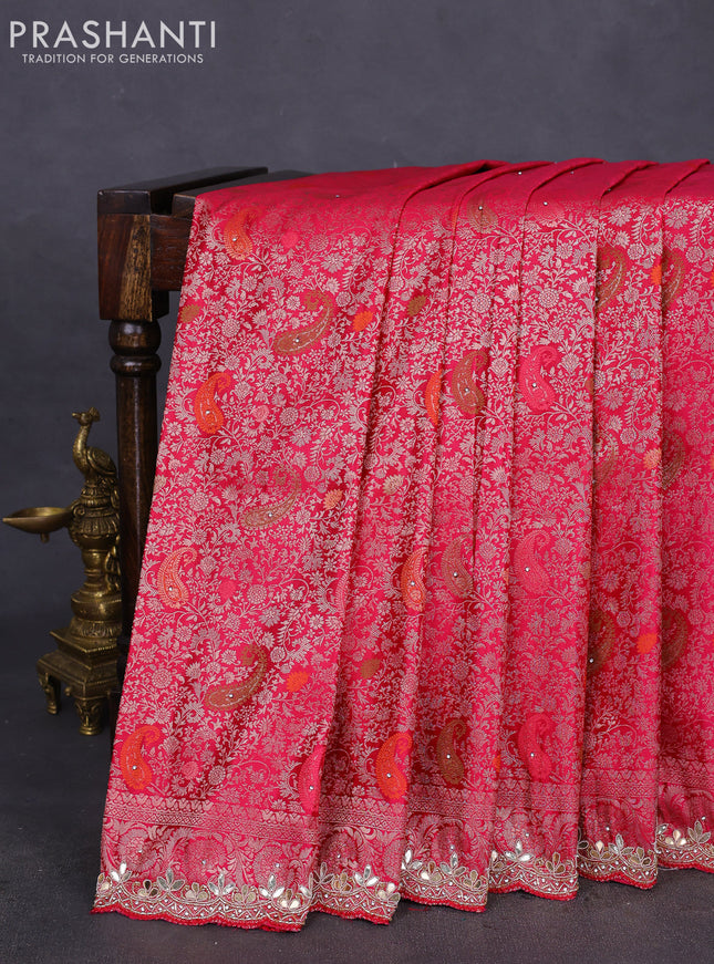 Banarasi silk saree pink with allover zari woven brocade weaves and zaridosi gotapatti work border