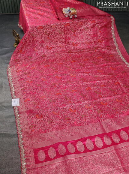 Banarasi silk saree pink with allover zari woven brocade weaves and zaridosi gotapatti work border