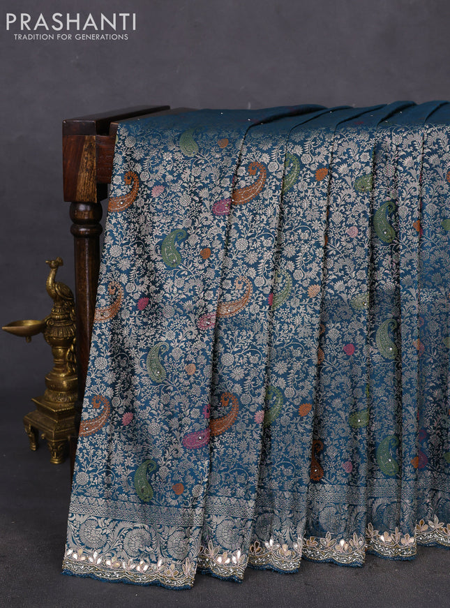 Banarasi silk saree peacock blue with allover zari woven brocade weaves and zaridosi gotapatti work border