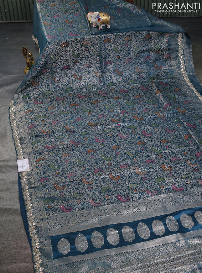 Banarasi silk saree peacock blue with allover zari woven brocade weaves and zaridosi gotapatti work border