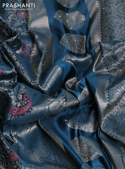Banarasi silk saree peacock blue with allover zari woven brocade weaves and zaridosi gotapatti work border