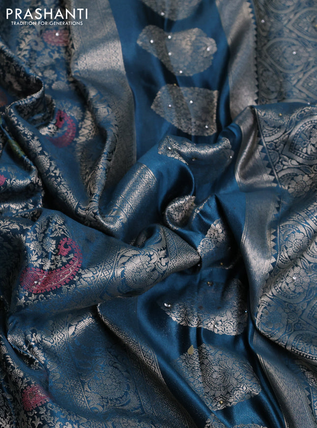 Banarasi silk saree peacock blue with allover zari woven brocade weaves and zaridosi gotapatti work border