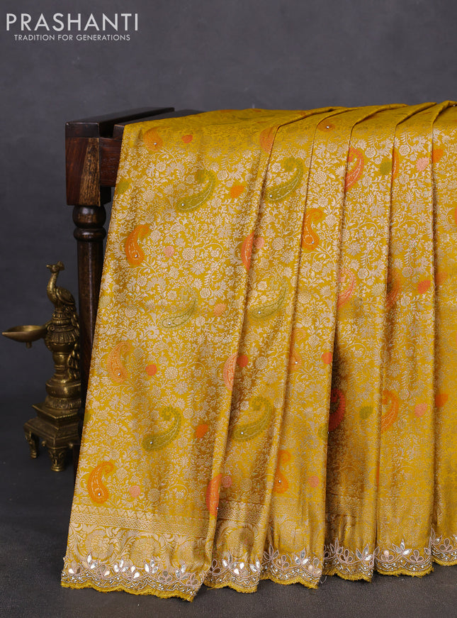 Banarasi silk saree mustard yellow with allover zari woven brocade weaves and zaridosi gotapatti work border