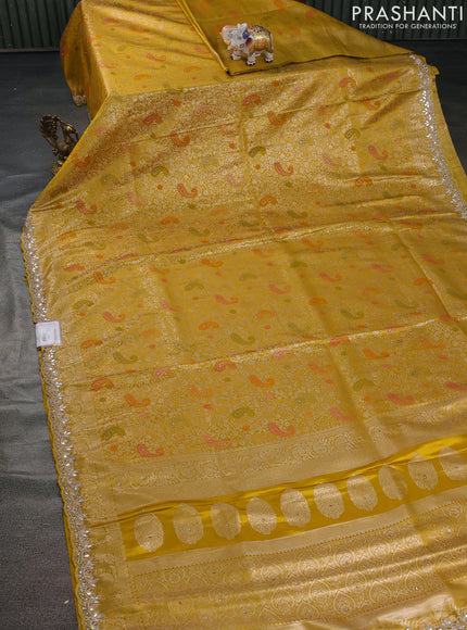 Banarasi silk saree mustard yellow with allover zari woven brocade weaves and zaridosi gotapatti work border