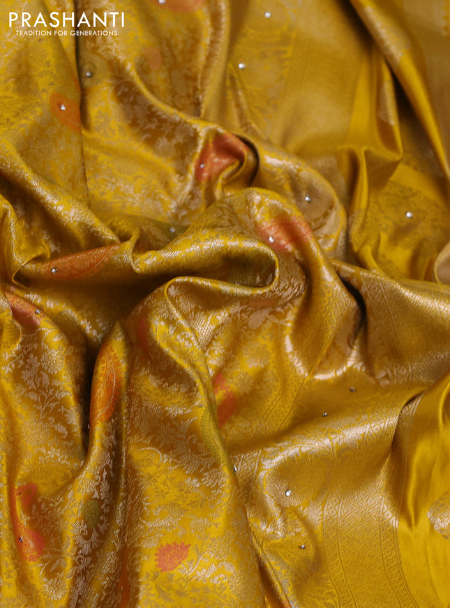 Banarasi silk saree mustard yellow with allover zari woven brocade weaves and zaridosi gotapatti work border