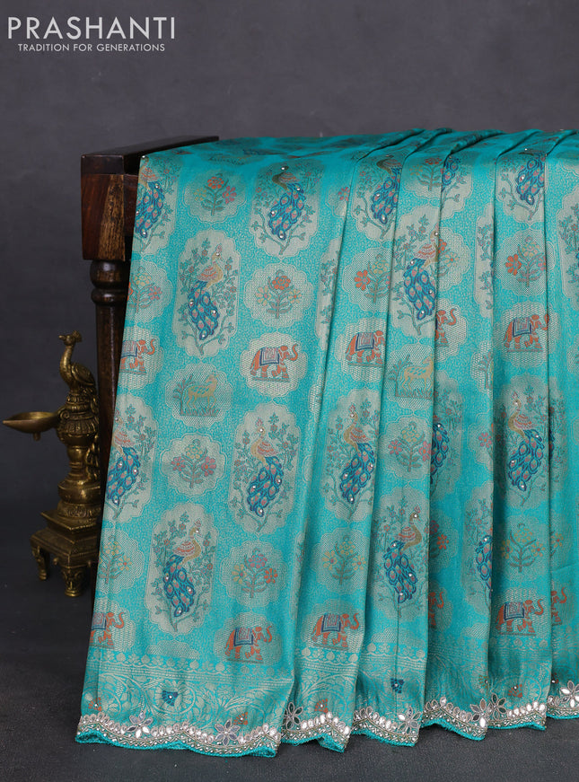 Banarasi silk saree teal green shade with allover zari woven brocade weaves and zaridosi gotapatti work border