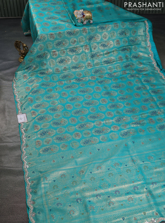 Banarasi silk saree teal green shade with allover zari woven brocade weaves and zaridosi gotapatti work border
