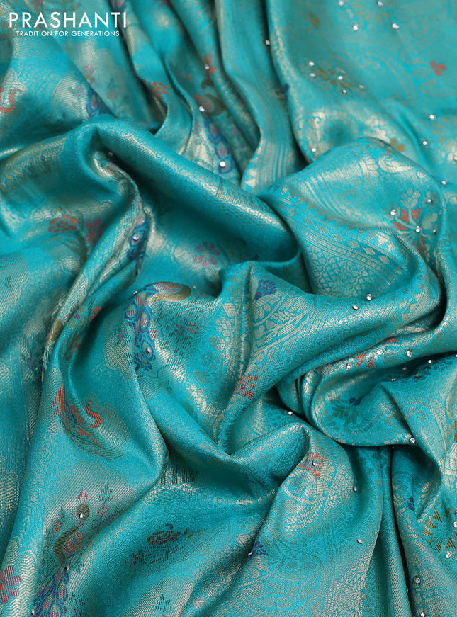 Banarasi silk saree teal green shade with allover zari woven brocade weaves and zaridosi gotapatti work border