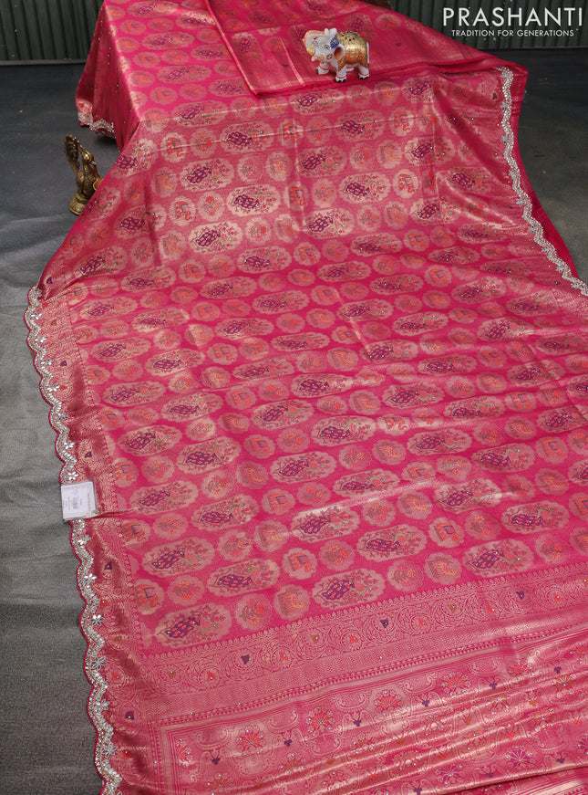 Banarasi silk saree pink with allover zari woven brocade weaves and zaridosi gotapatti work border