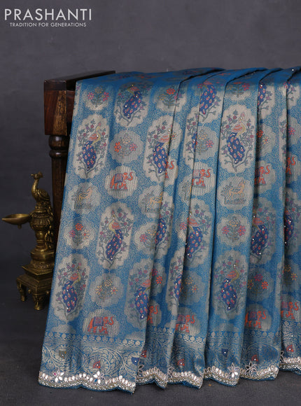 Banarasi silk saree peacock blue with allover zari woven brocade weaves and zaridosi gotapatti work border