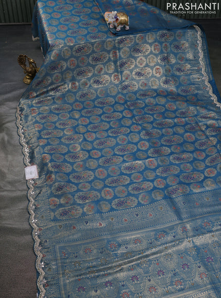 Banarasi silk saree peacock blue with allover zari woven brocade weaves and zaridosi gotapatti work border