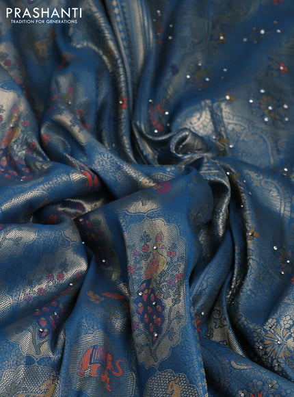 Banarasi silk saree peacock blue with allover zari woven brocade weaves and zaridosi gotapatti work border
