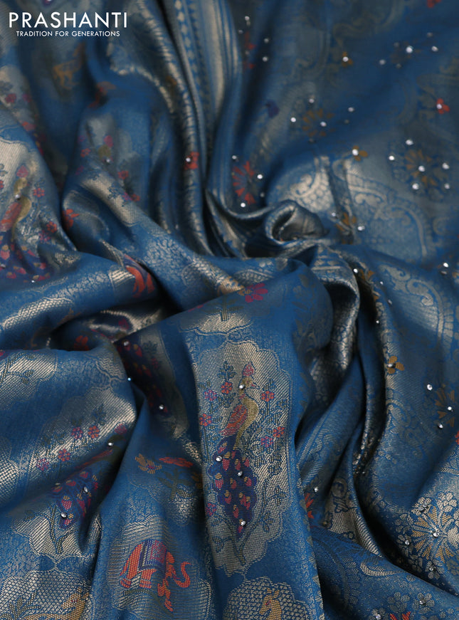Banarasi silk saree peacock blue with allover zari woven brocade weaves and zaridosi gotapatti work border