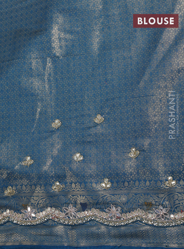 Banarasi silk saree peacock blue with allover zari woven brocade weaves and zaridosi gotapatti work border