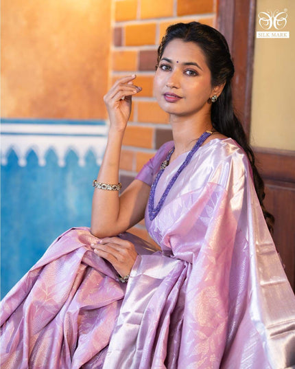 Pure kanchipuram silk saree lavender shade with allover silver zari woven brocade weaves and silver zari woven border