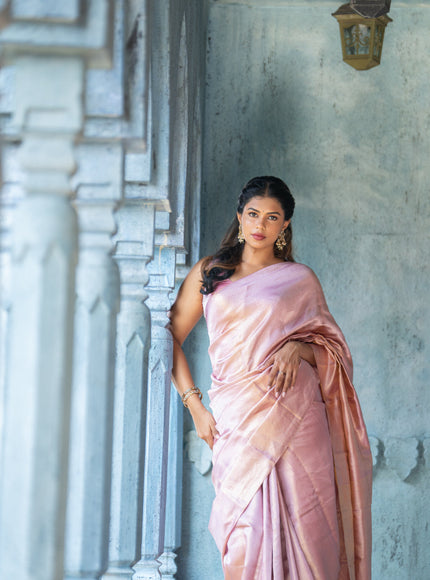 Pure kanchipuram silk saree pastel pink with allover silver zari woven brocade weaves in borderless style