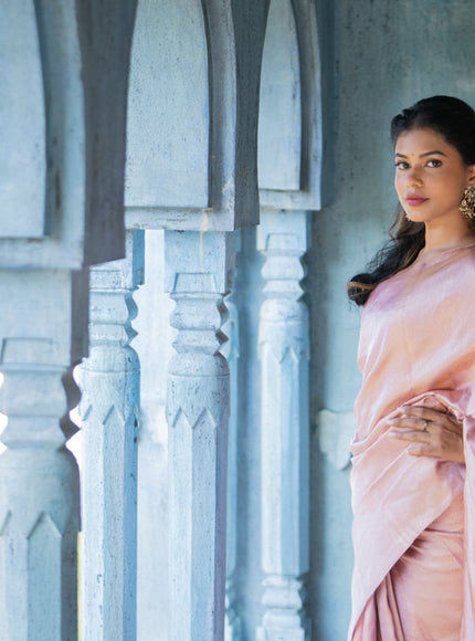 Pure kanchipuram silk saree pastel pink with allover silver zari woven brocade weaves in borderless style