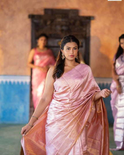 Pure kanchipuram silk saree pastel pink with allover silver zari woven brocade weaves in borderless style