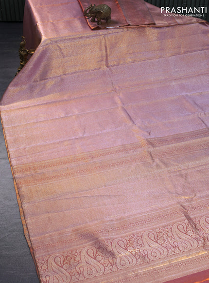 Pure kanchipuram silk saree pastel pink with allover silver zari woven brocade weaves in borderless style