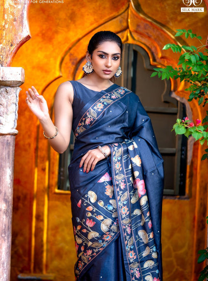 Pure tussar silk saree dark elephant grey with allover pichwai prints & embroidery work buttas and pita work pichwai printed border