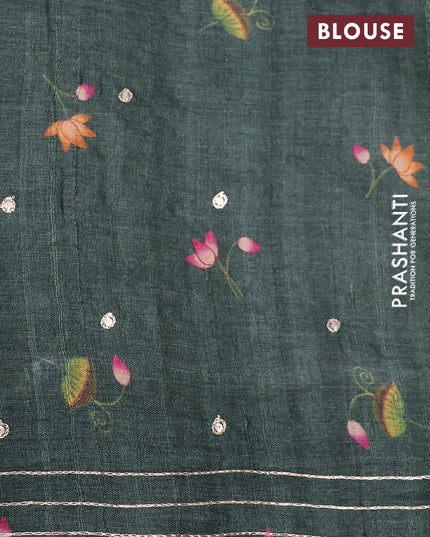 Pure tussar silk saree dark sap green with allover digital pichwai prints & pita work and zari line border
