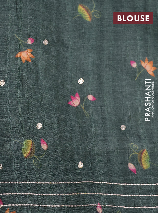 Pure tussar silk saree dark sap green with allover digital pichwai prints & pita work and zari line border