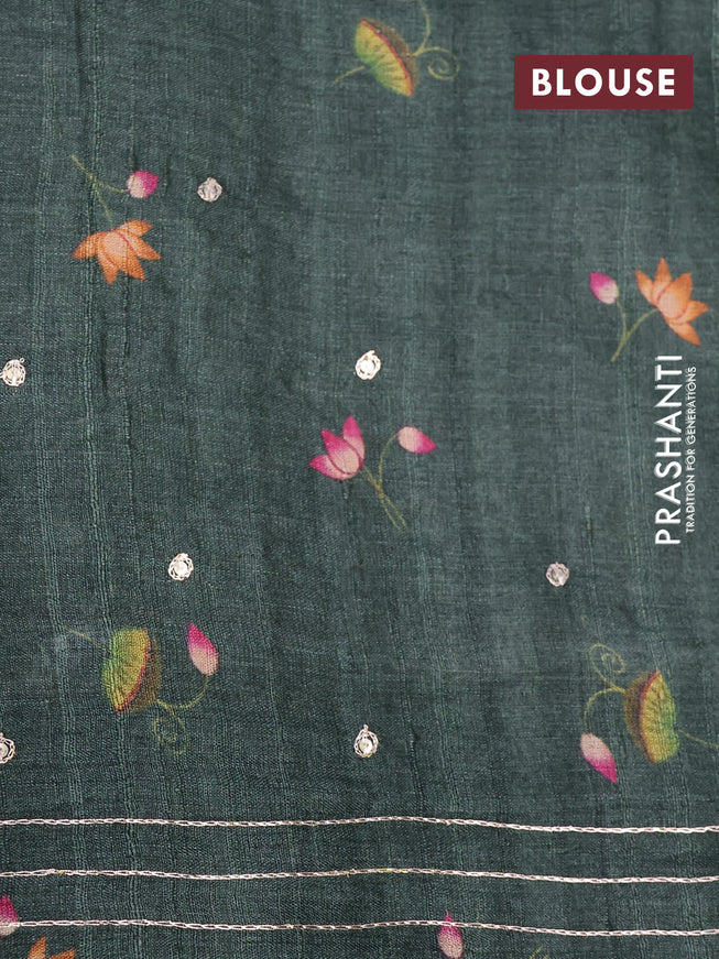 Pure tussar silk saree dark sap green with allover digital pichwai prints & pita work and zari line border